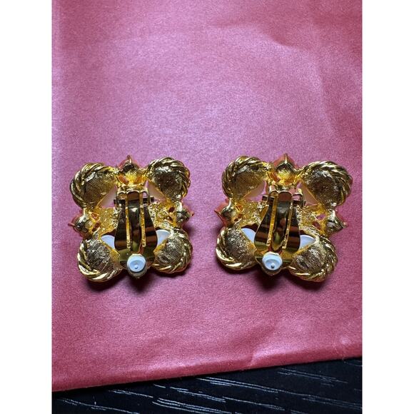 Large JOAN RIVERS Imitation Pearl & Rhinestone Clip Earrings Designer Signed - Picture 3 of 7